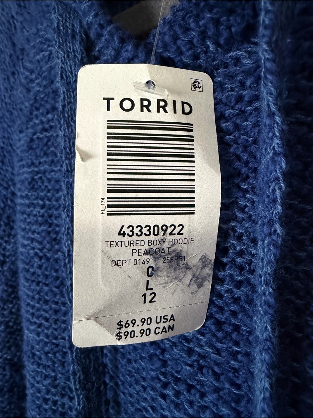 Torrid Textured Boxy Hoodie Sweater Blue 100% Cotton Size 0 (L) NWT - Picture 5 of 9